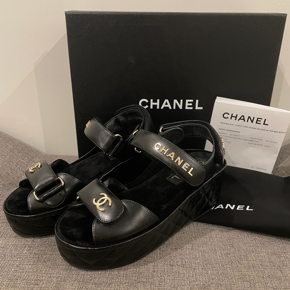 Chanel Platform Quilted Dad Sandals - Black Leather, Gold CC hardware